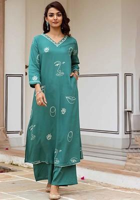 Sea Green Embroidered Poly Blended Kurta Sets
