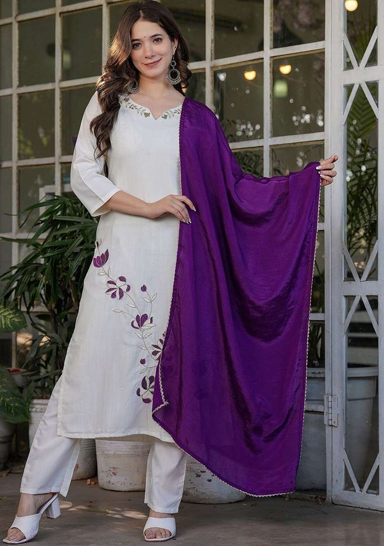 White Embroidered Poly Blended Kurta Sets - Indya