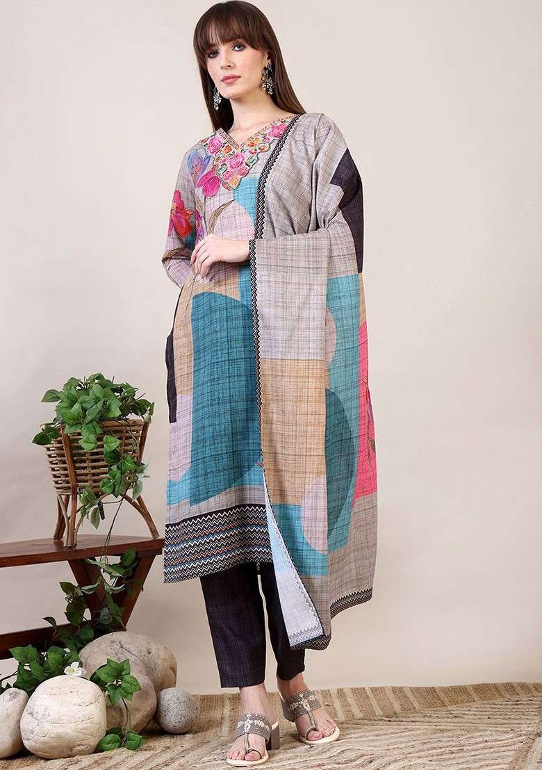 Grey Embroidered Poly Blended Kurta Sets - Indya
