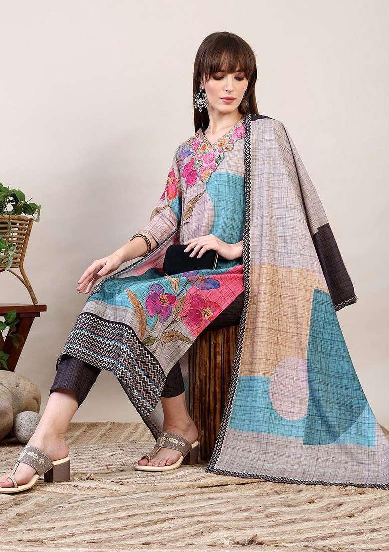 Grey Embroidered Poly Blended Kurta Sets - Indya