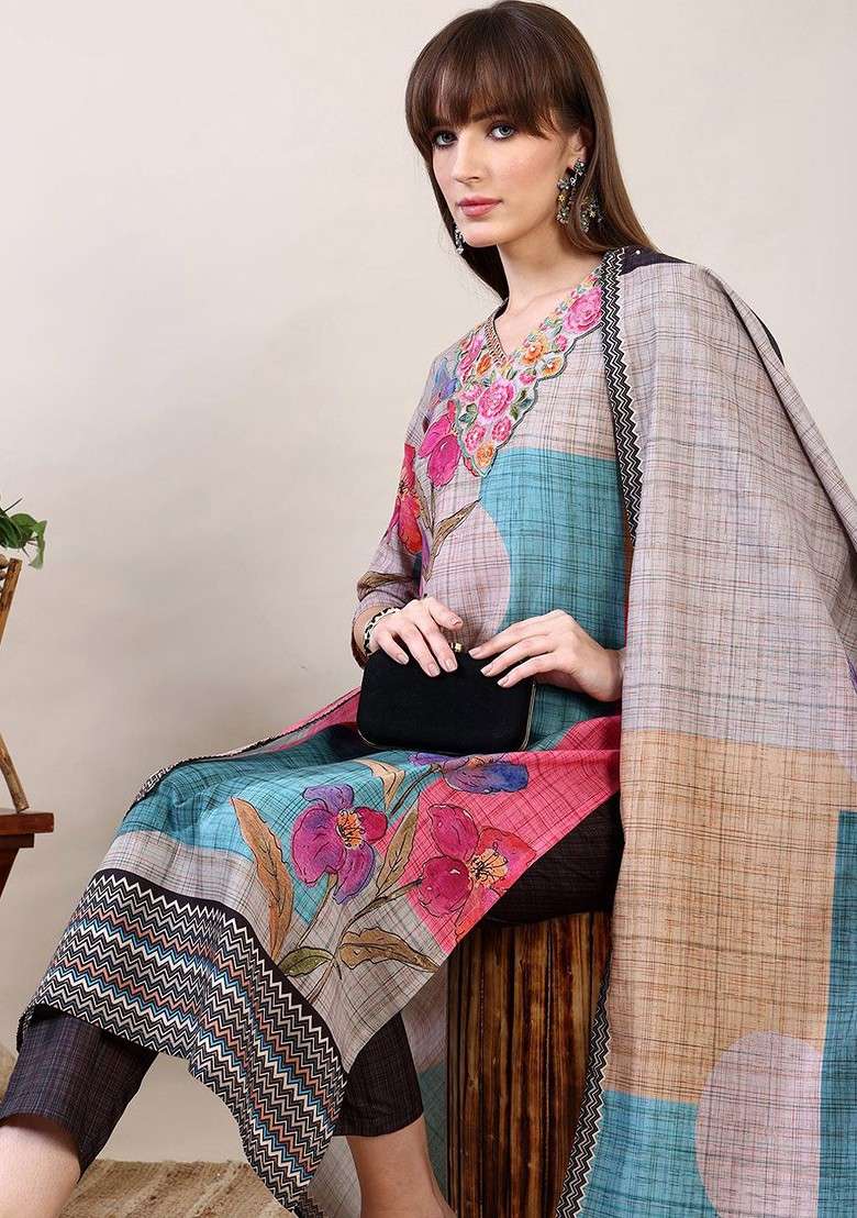 Grey Embroidered Poly Blended Kurta Sets - Indya