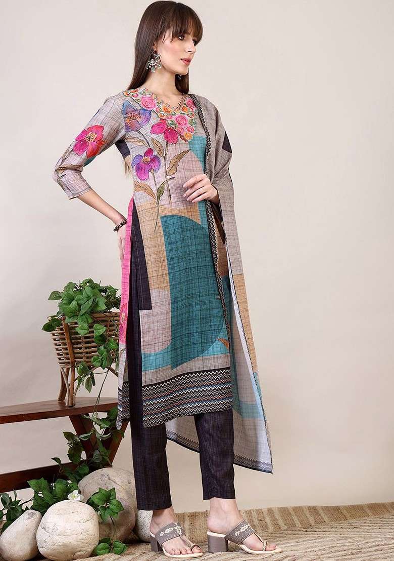 Grey Embroidered Poly Blended Kurta Sets - Indya