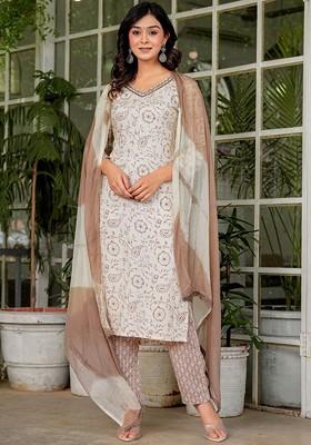 Taupe Embroidered Poly Blended Kurta Sets