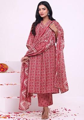 Red Embroidered Poly Blended Kurta Sets