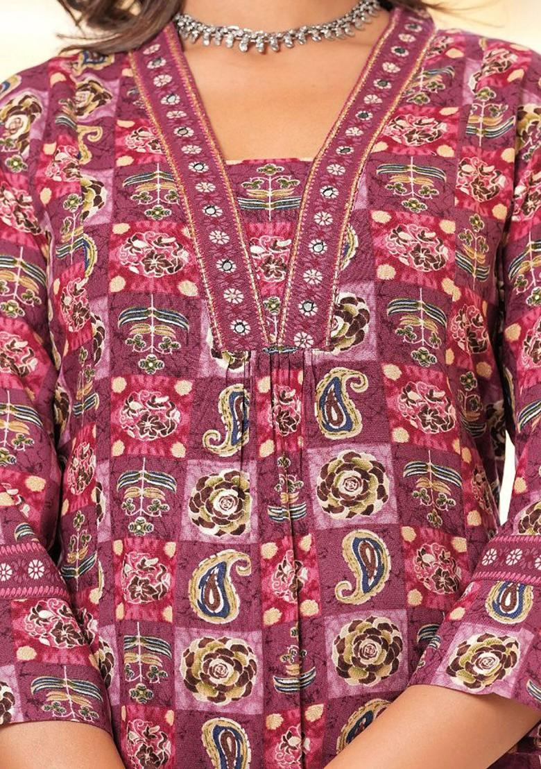Maroon Embroidered Poly Blended Kurta Sets - Indya
