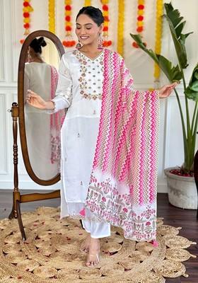 Off White Embroidered Poly Blended Kurta Sets