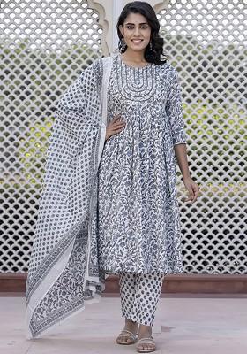 Grey Embroidered Poly Blended Kurta Sets