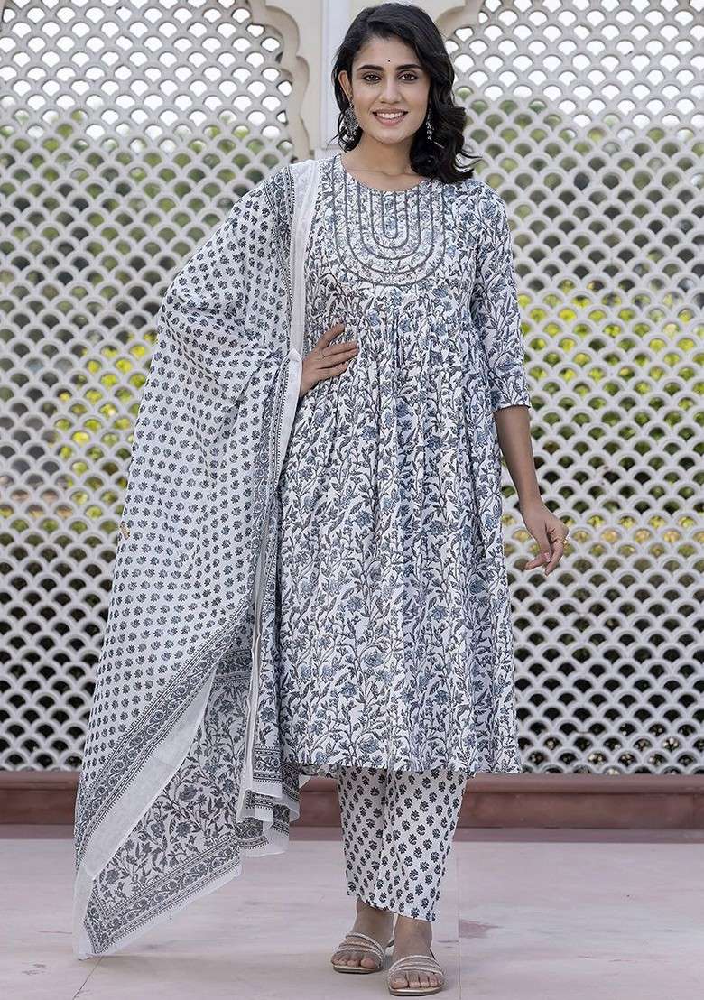 Grey Embroidered Poly Blended Kurta Sets - Indya