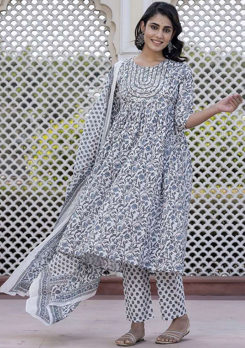 Grey Embroidered Poly Blended Kurta Sets - Indya