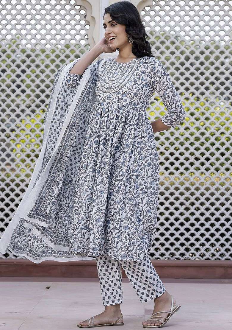 Grey Embroidered Poly Blended Kurta Sets - Indya