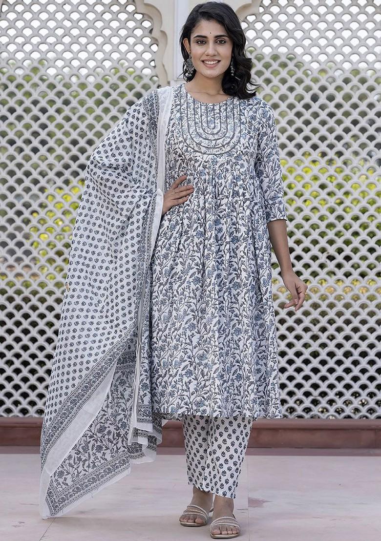 Grey Embroidered Poly Blended Kurta Sets - Indya