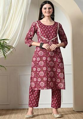 Burgundy Embroidered Poly Blended Kurta Sets