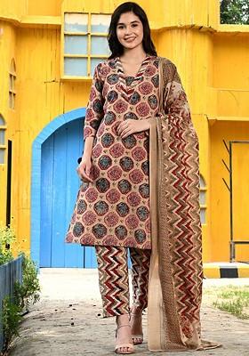 Brown Embroidered Poly Blended Kurta Sets