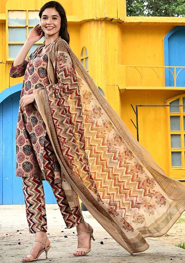 Brown Embroidered Poly Blended Kurta Sets - Indya