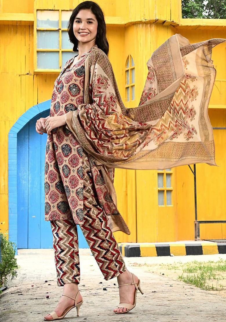 Brown Embroidered Poly Blended Kurta Sets - Indya