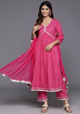 Fuchsia Embroidered Poly Blended Kurta Sets