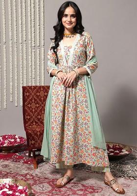 Sea Green Embroidered Poly Blended Kurta Sets
