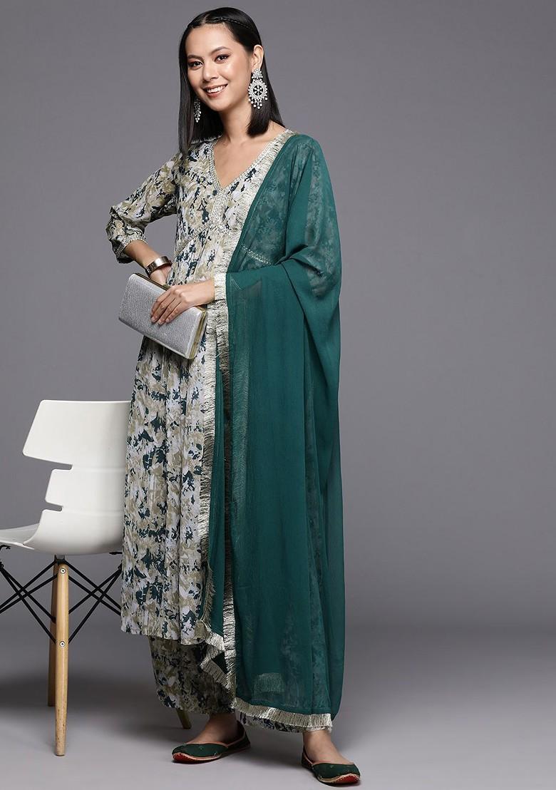 Beige Embroidered Poly Blended Kurta Sets - Indya