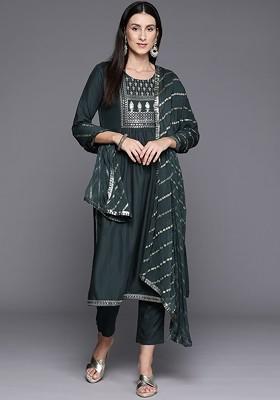 Grey Embroidered Poly Blended Kurta Sets