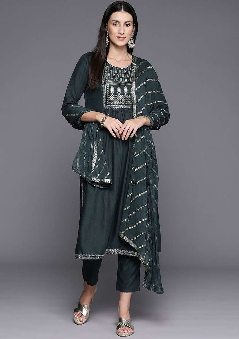 Grey Embroidered Poly Blended Kurta Sets - Indya