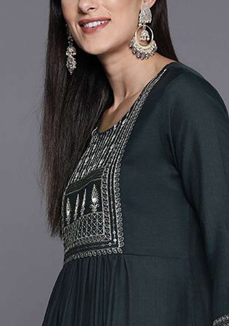 Grey Embroidered Poly Blended Kurta Sets - Indya