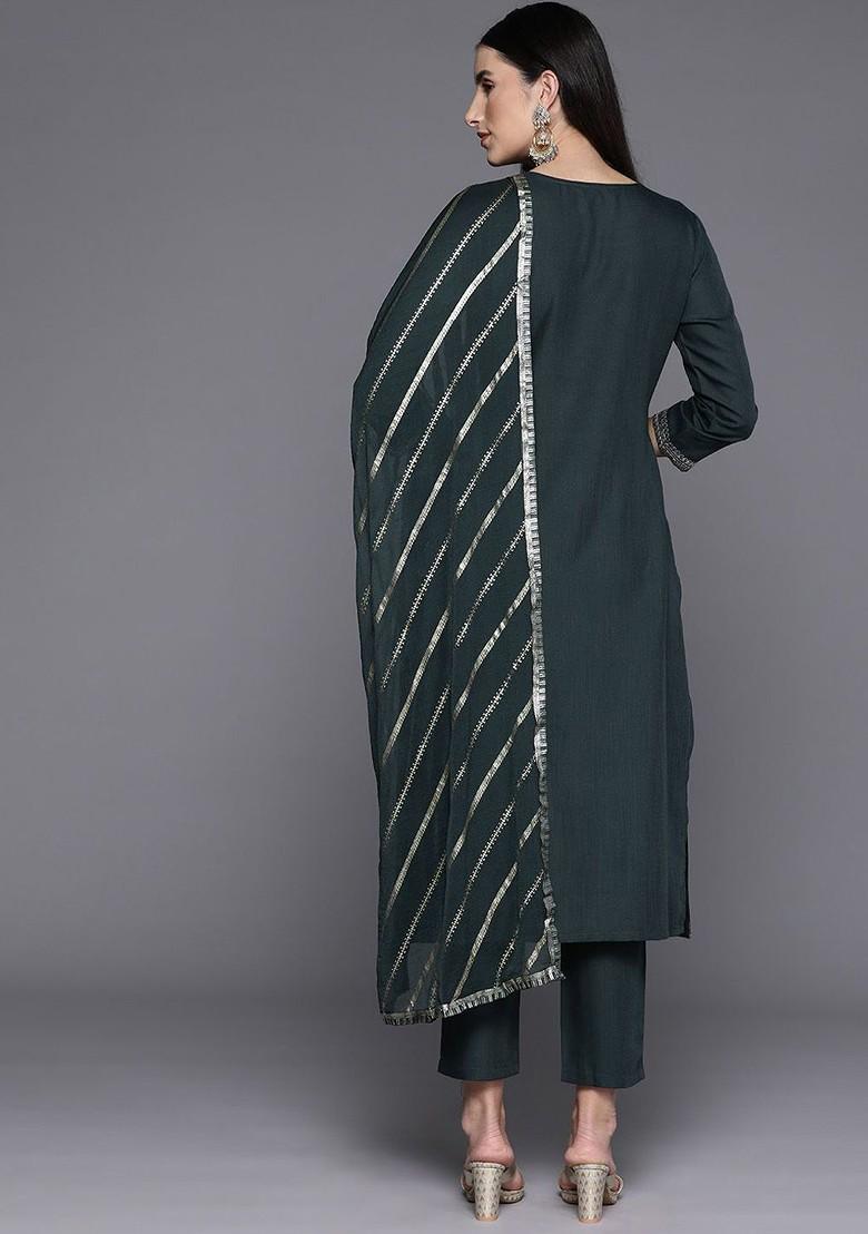 Grey Embroidered Poly Blended Kurta Sets - Indya