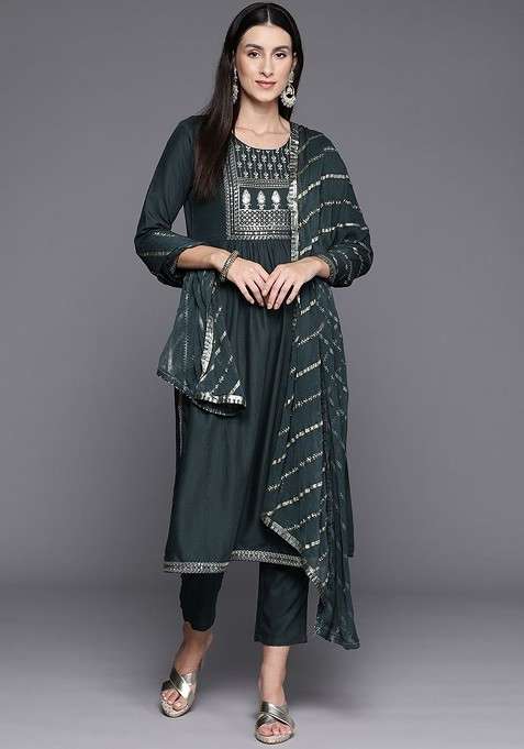 Grey Embroidered Poly Blended Kurta Sets