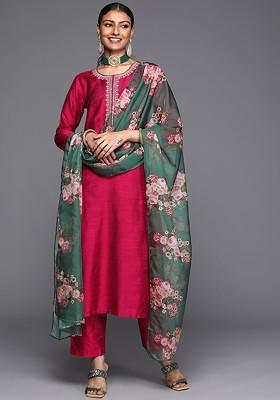 Magenta Embroidered Poly Blended Kurta Sets