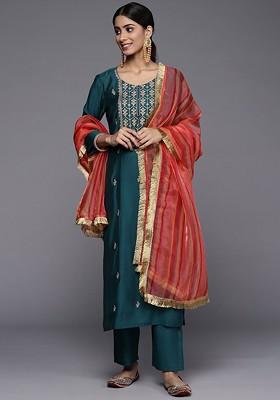 Teal Embroidered Poly Blended Kurta Sets