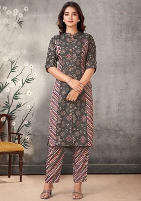 Grey Embroidered Poly Blended Kurta Sets