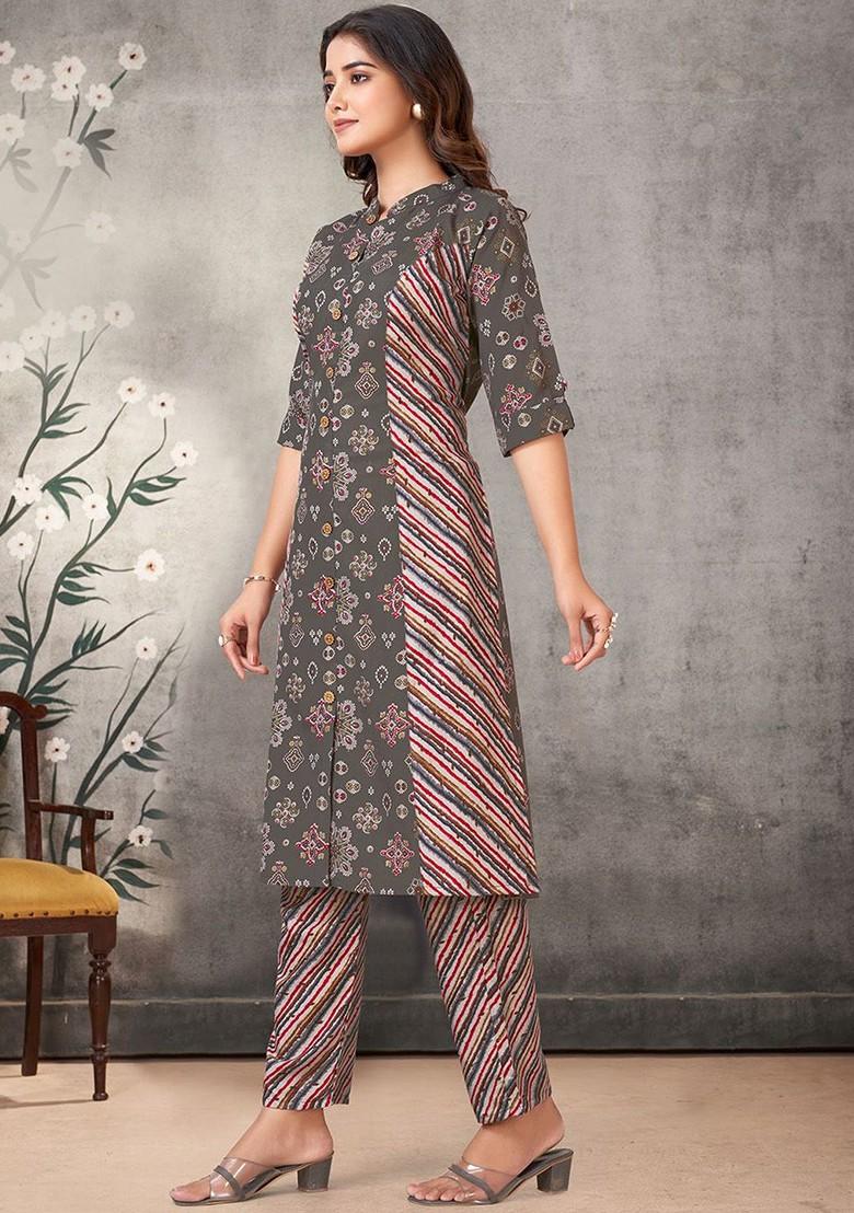 Grey Embroidered Poly Blended Kurta Sets - Indya