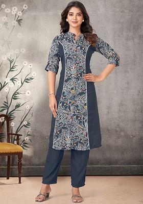 Grey Embroidered Poly Blended Kurta Sets