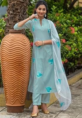 Turquoise Blue Embroidered Poly Blended Kurta Sets
