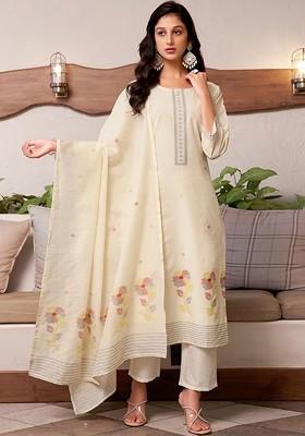 Cream Embroidered Poly Blended Kurta Sets
