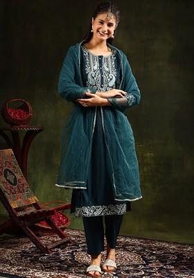 Teal Embroidered Poly Blended Kurta Sets