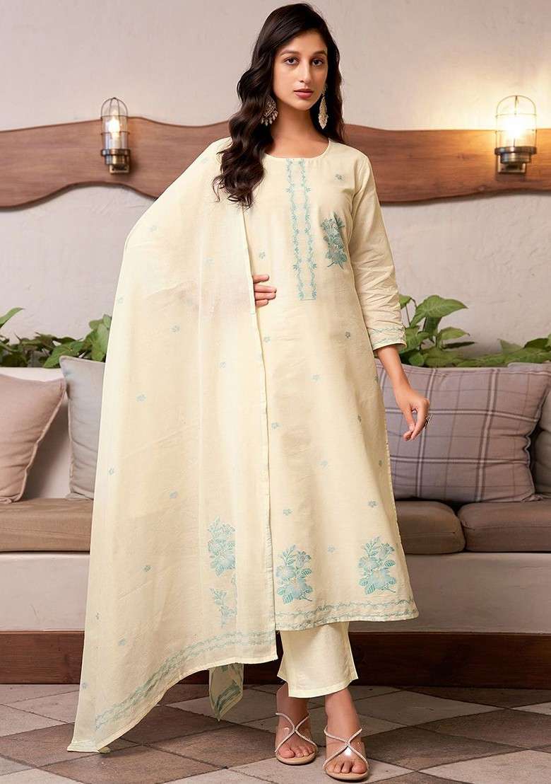 Cream Embroidered Poly Blended Kurta Sets - Indya