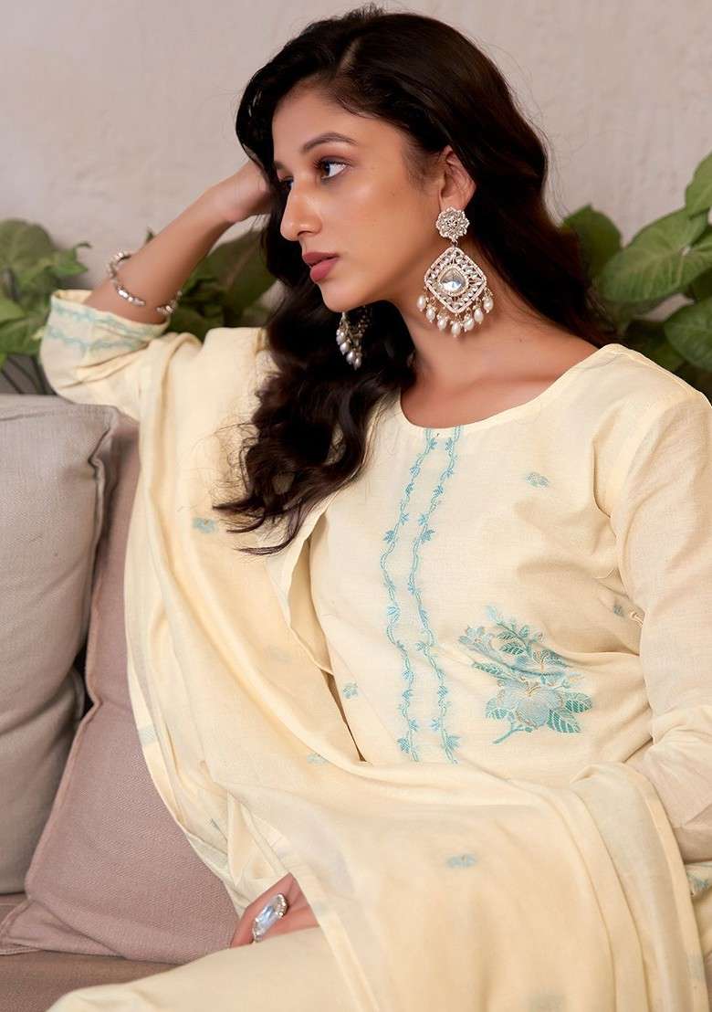 Cream Embroidered Poly Blended Kurta Sets - Indya