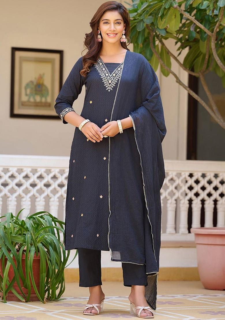 Navy Blue Embroidered Poly Blended Kurta Sets