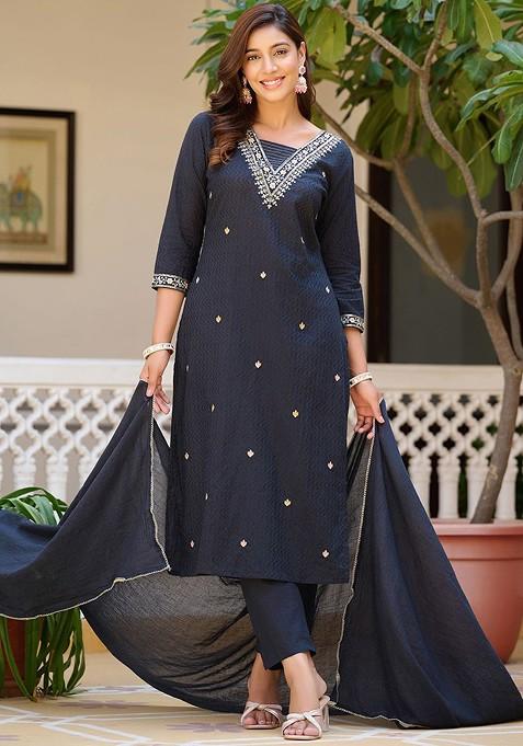 Navy Blue Embroidered Poly Blended Kurta Sets