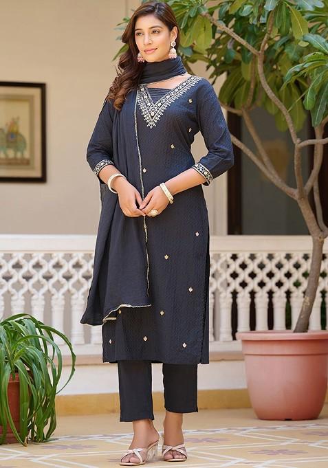 Navy Blue Embroidered Poly Blended Kurta Sets