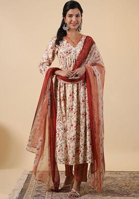 Cream Embroidered Poly Blended Kurta Sets
