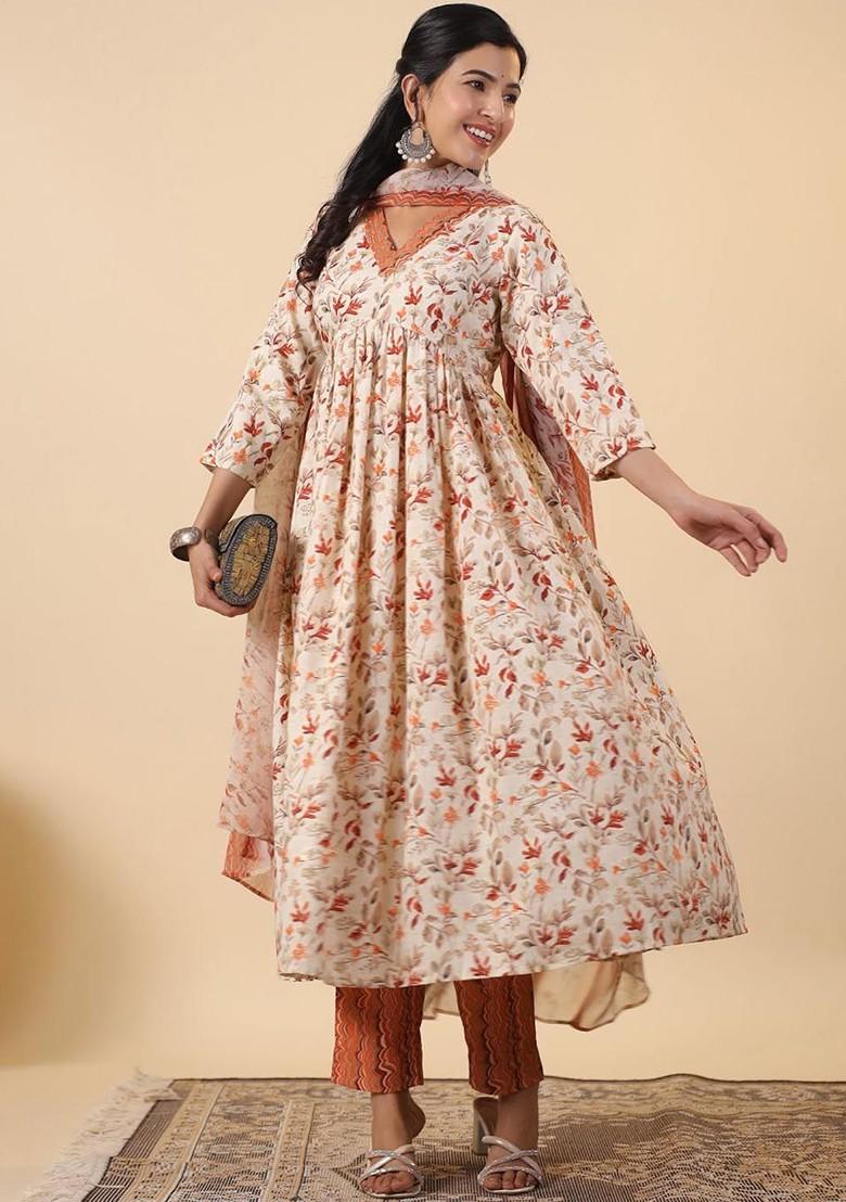 Cream Embroidered Poly Blended Kurta Sets - Indya