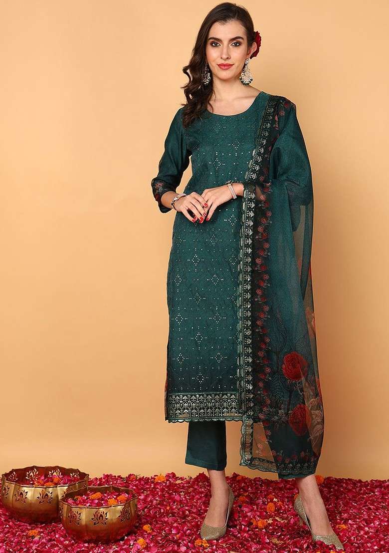 Green Embroidered Poly Blended Kurta Sets - Indya