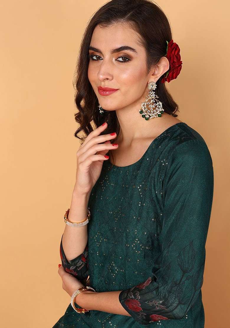 Green Embroidered Poly Blended Kurta Sets - Indya