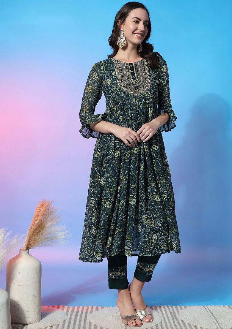 Green Embroidered Poly Blended Kurta Sets