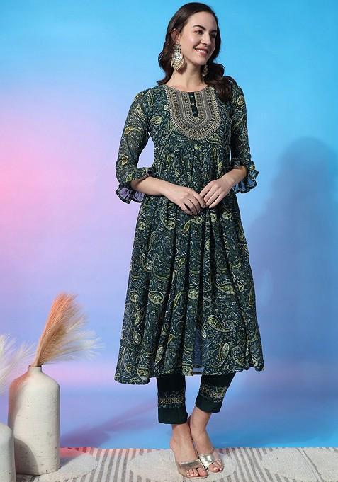 Green Embroidered Poly Blended Kurta Sets