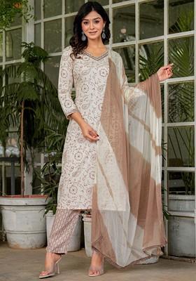 Brown Embroidered Poly Blended Kurta Sets