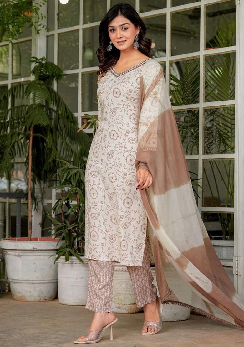 Brown Embroidered Poly Blended Kurta Sets - Indya