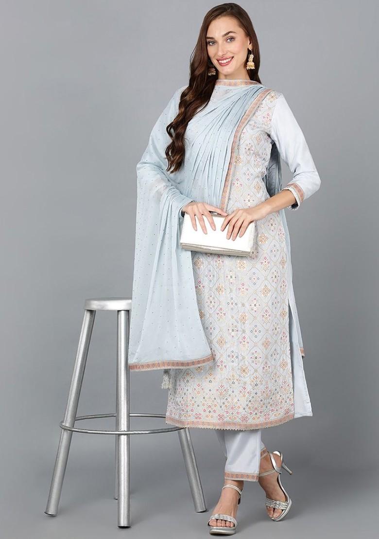Blue Embroidered Poly Blended Kurta Sets - Indya