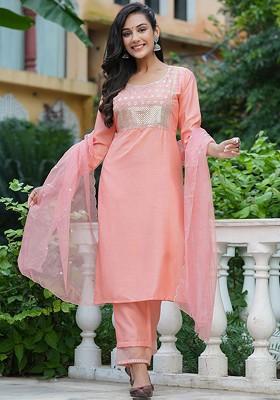 Peach Embroidered Poly Blended Kurta Sets